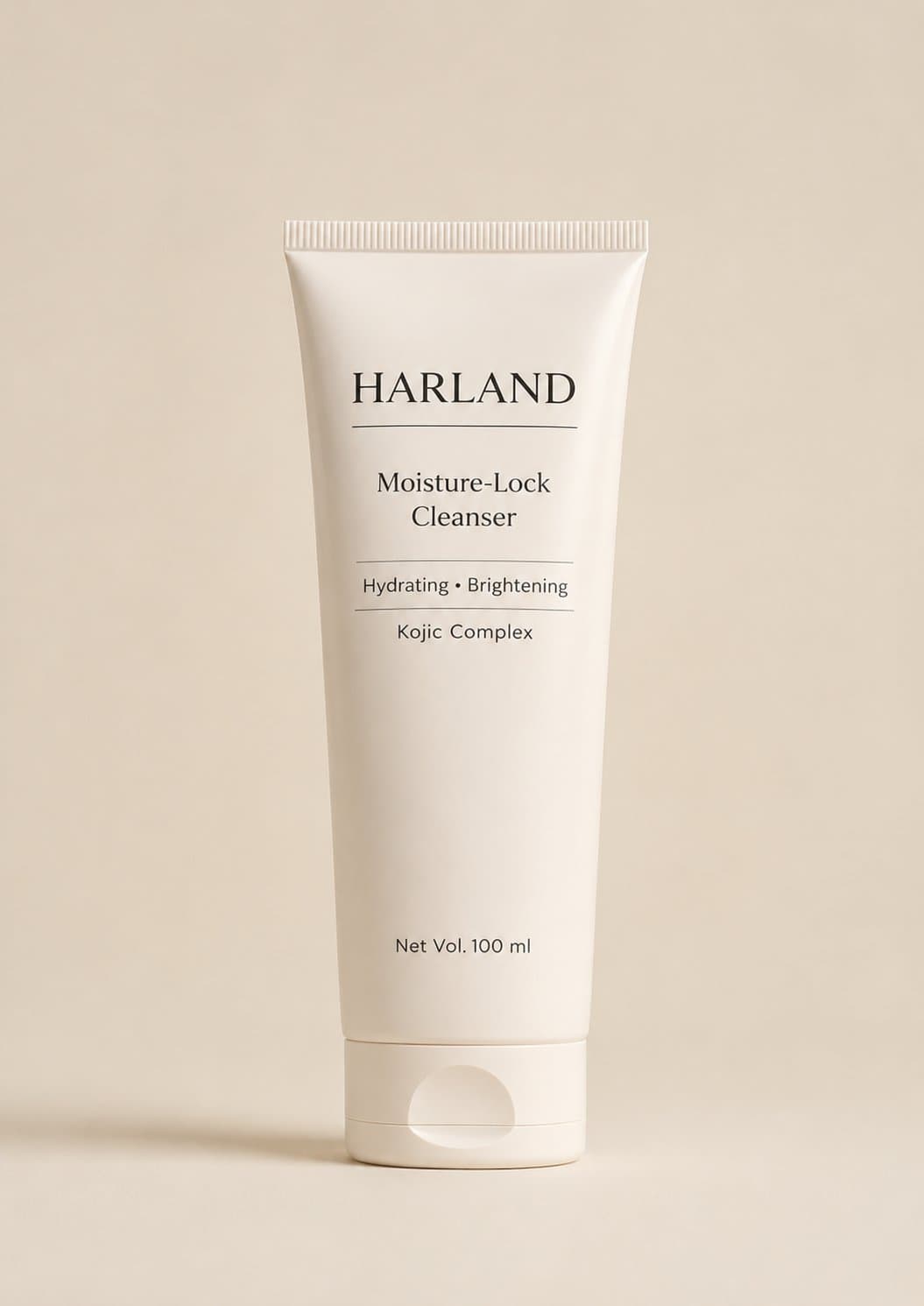 HARLAND Moisture-Lock Cleanser — a white 100 ml tube marked Hydrating, Brightening and Kojic Acid Dipalmitate.