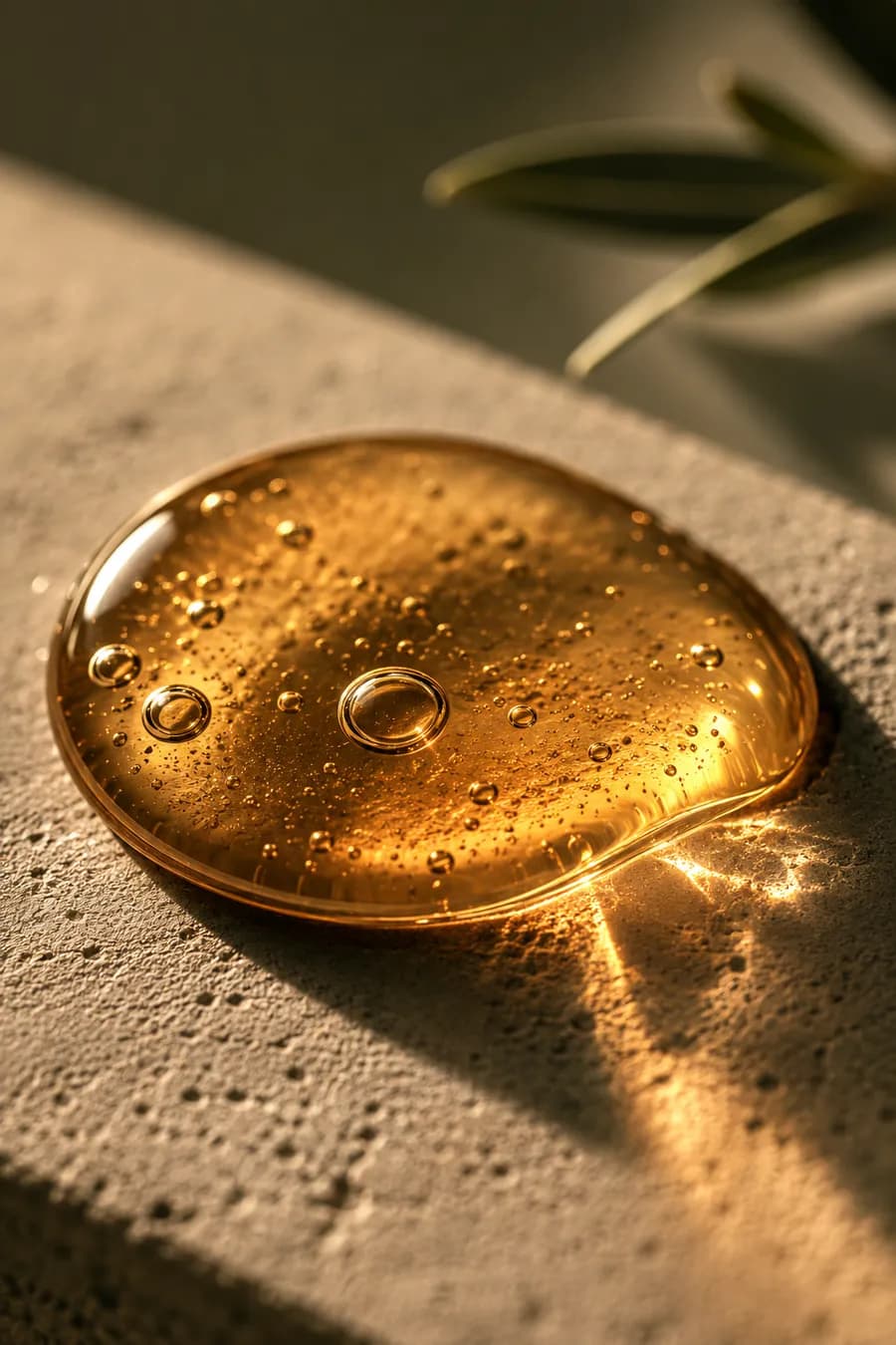 Macro of a warm amber Kojic Complex serum droplet on matte stone in golden light.