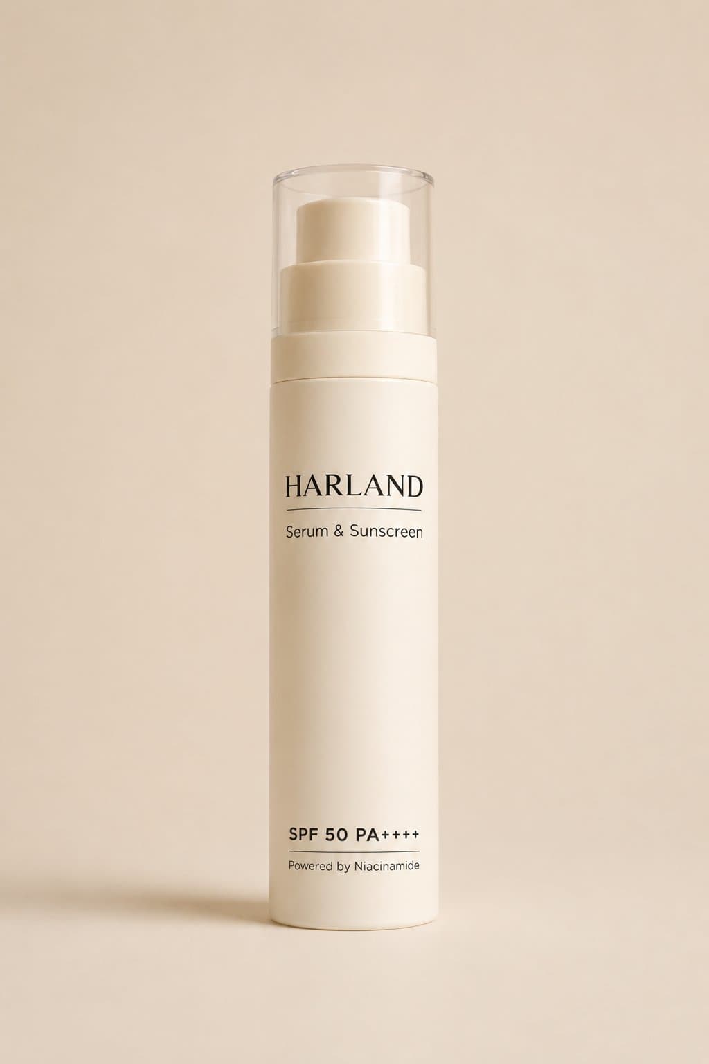 HARLAND Sunscreen Serum — a white airless pump bottle with a clear cap, marked SPF 50 PA++++ and 50 g.
