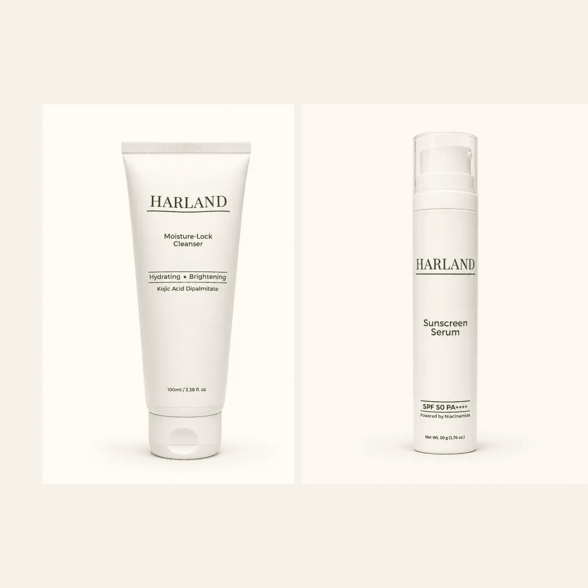 The HARLAND routine — Moisture-Lock Cleanser and Sunscreen Serum together.