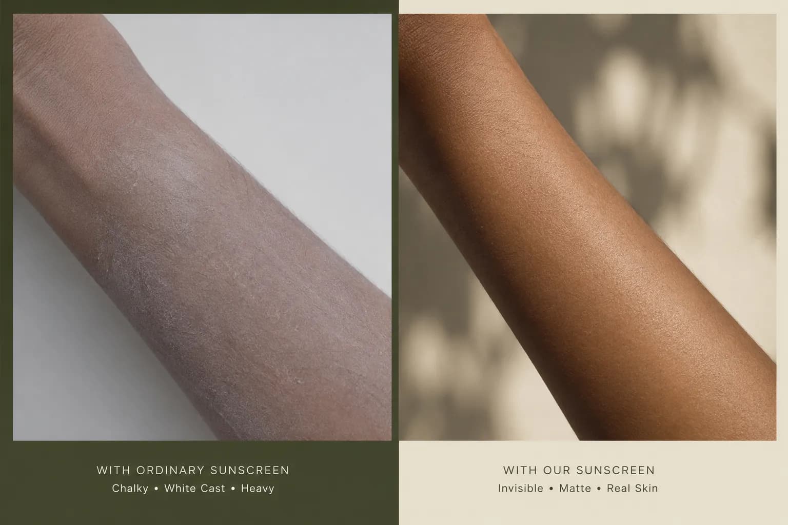 Side-by-side on Indian skin: ordinary sunscreen leaves a chalky white cast, while HARLAND's Sunscreen Serum finishes invisible, matte, and natural.