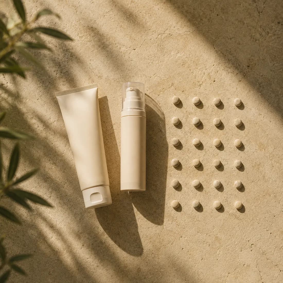 The Cleanser tube and Sunscreen Serum bottle on warm stone beside rows of small pebbles marking out a month of days.