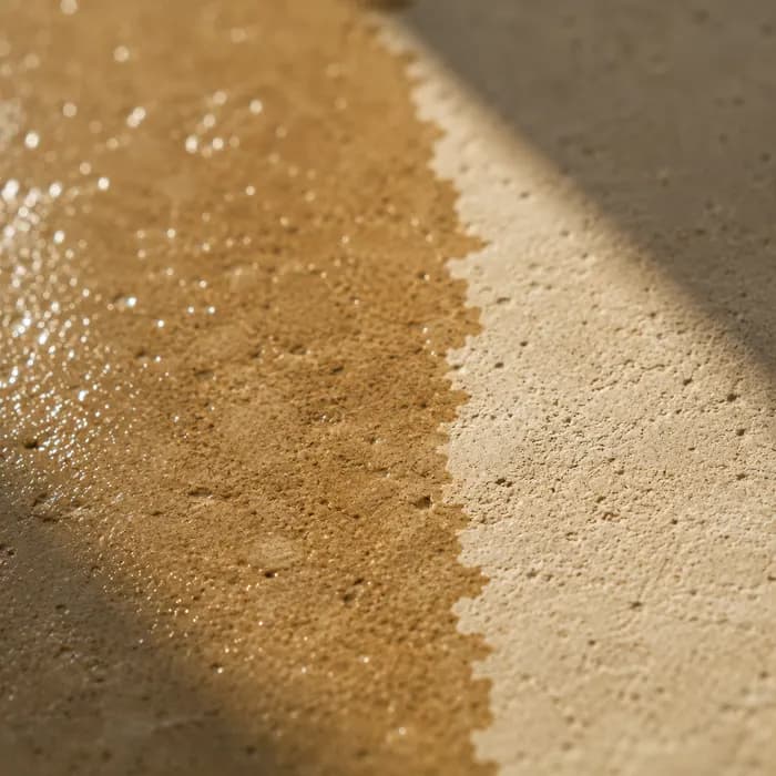 A stone surface half glossy-wet and half matte in raking sunlight — standing in for midday oil.