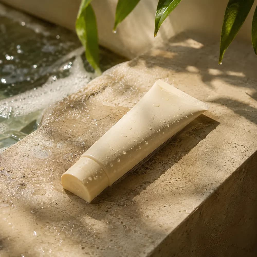 The Moisture-Lock Cleanser tube on a wet stone ledge beside water and light foam in morning light.