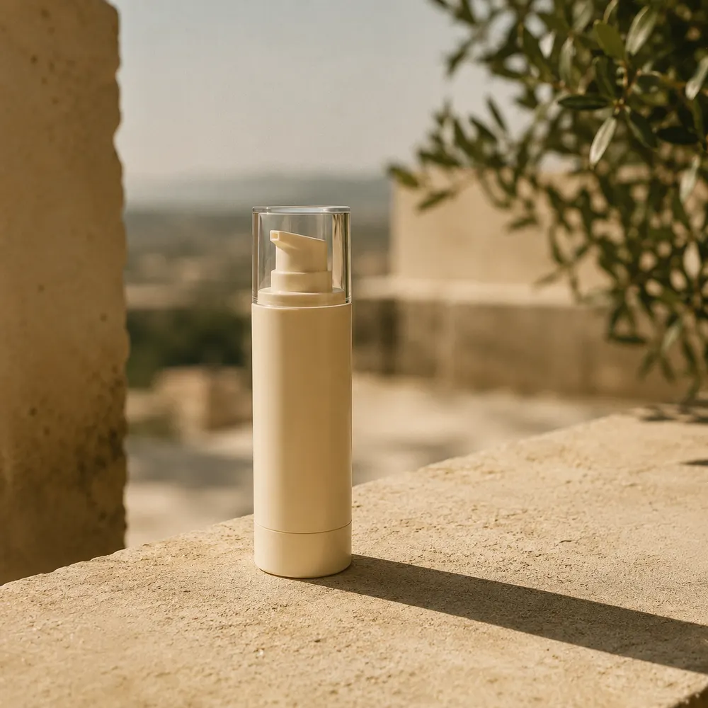 The Sunscreen Serum bottle standing on a sunlit stone ledge casting a long shadow.