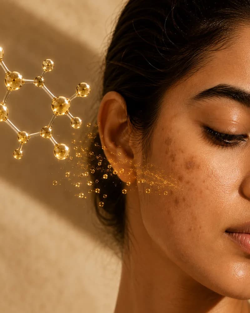A gold Kojic Complex molecule illustration beside a cheek with dark spots and uneven tone.