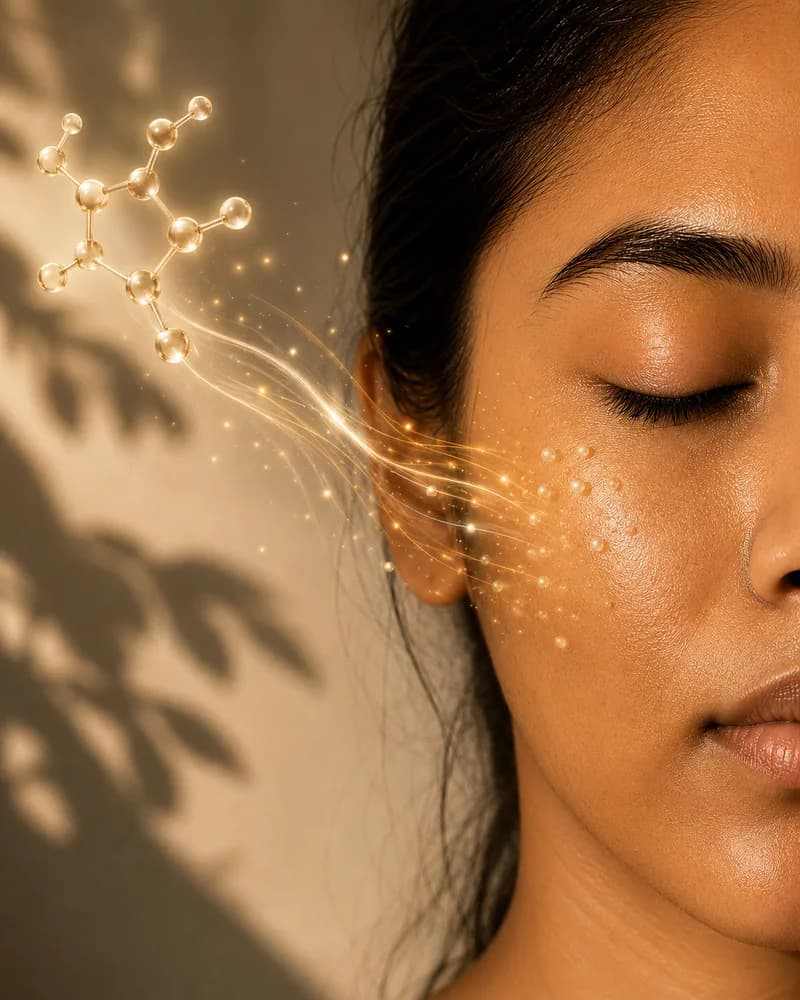A gold Licorice Extract molecule illustration beside a cheek, golden light trails settling.