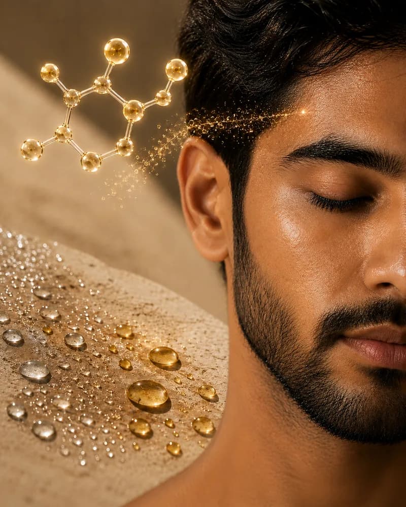 A gold Niacinamide molecule illustration beside a face, with serum droplets on warm stone.