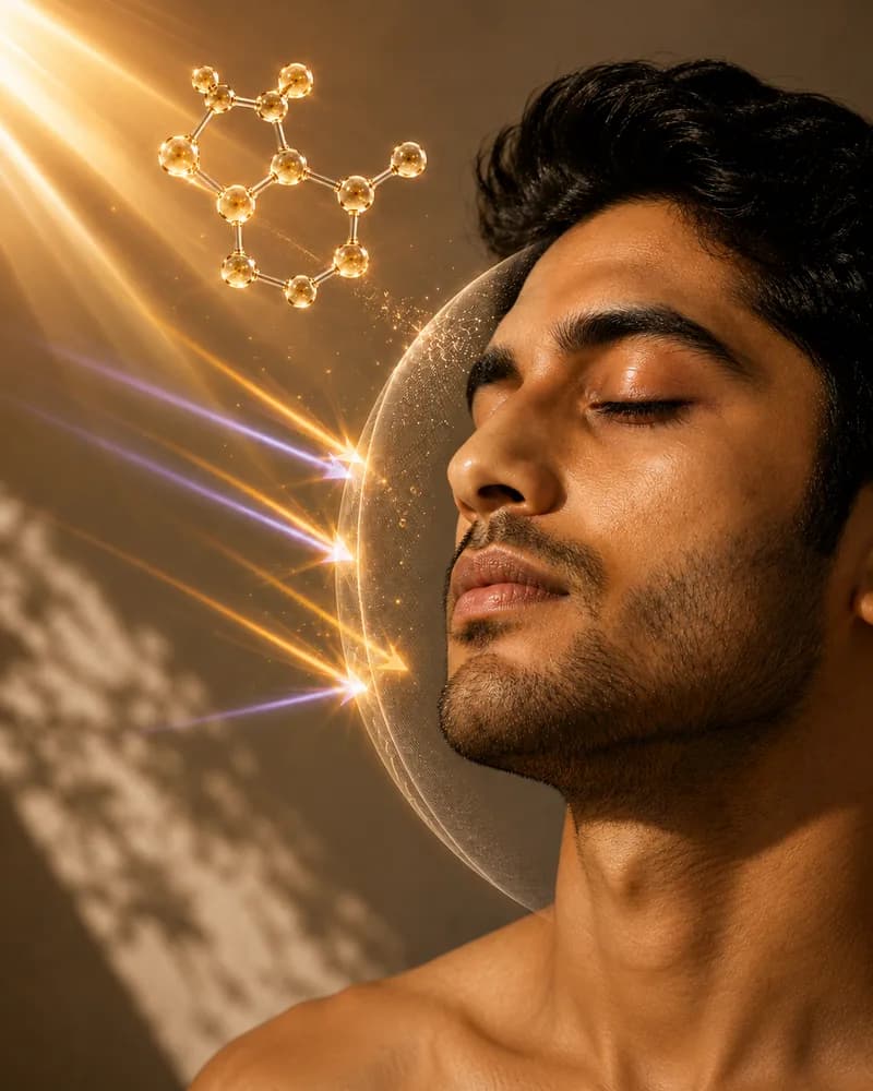 A gold molecule illustration above UV rays meeting a translucent protective shield in warm sunlight.