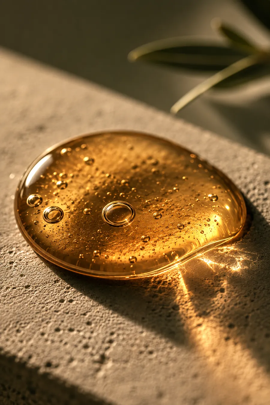 Macro of a warm amber Kojic Complex serum droplet on matte stone in golden light.