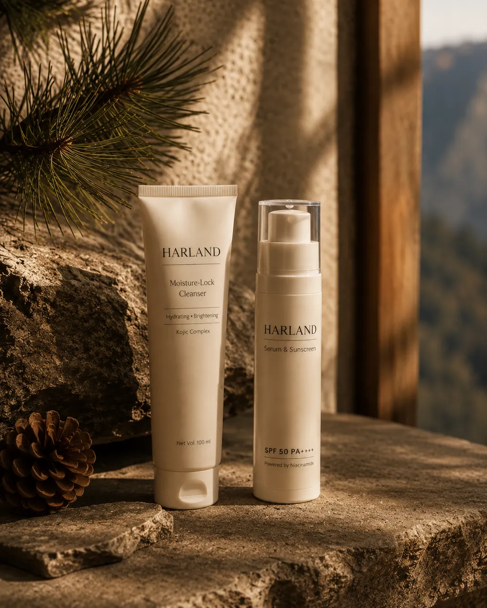 Both HARLAND bottles on stone beside Himachal pine, warm window light.